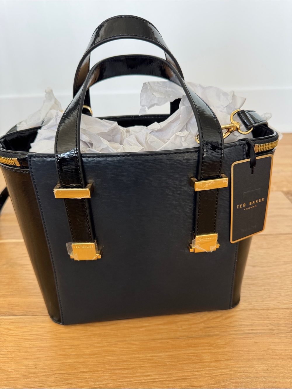 Ted Baker Black Mini Structured Tote with Gold Hardware